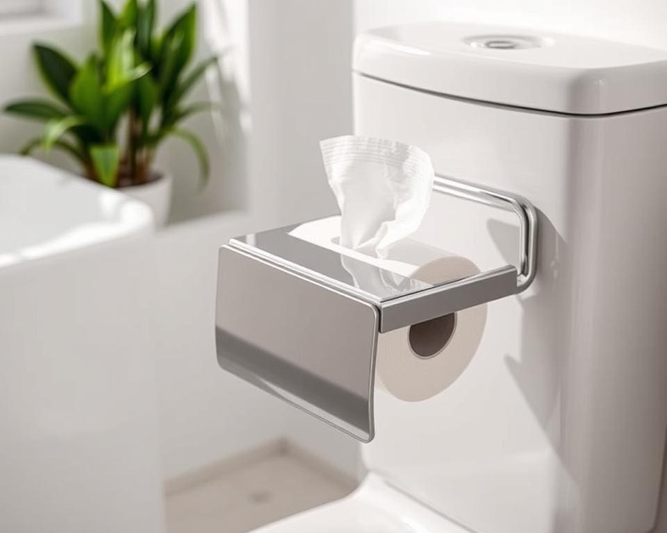 Toiletpapierhouder met extra vakje voor vochtige doekjes