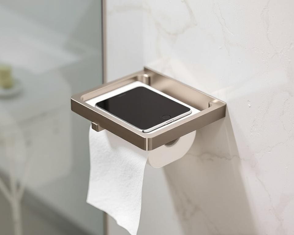 Toiletpapierhouder met geïntegreerd telefoonrekje