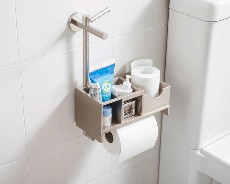 Toiletrolhouder met extra opbergruimte voor toiletartikelen