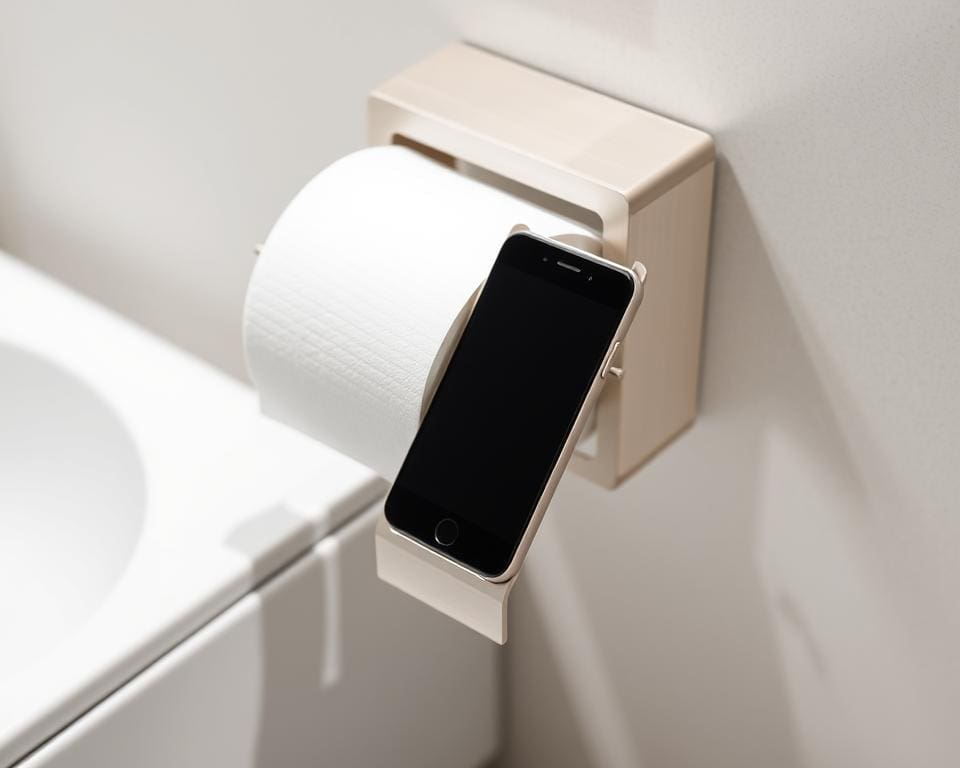 Toiletrolhouder met ingebouwde telefoonhouder